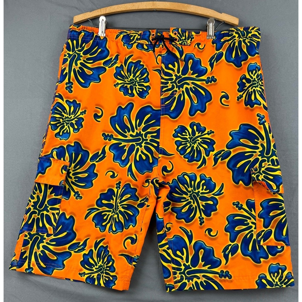 Sand N Sun Swim Trunks Mens 36 Orange Blue Hibiscus Floral Cargo Board Shorts